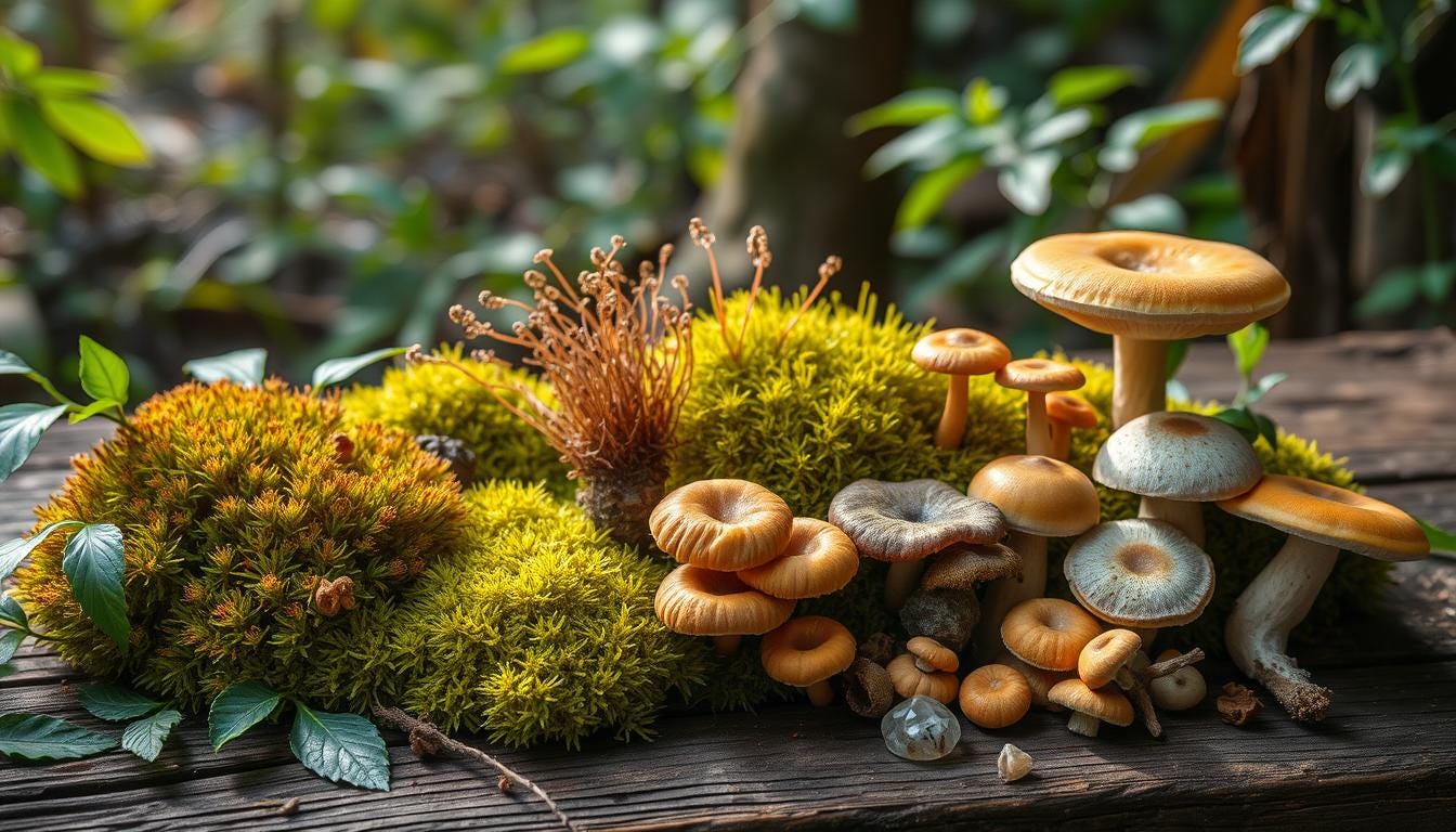 A serene forest scene showcasing vibrant moss and diverse fungi, elegantly arranged on a rustic wooden table, with natural light filtering through leaves.