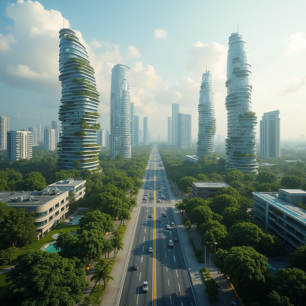 A wide, cinematic view opens over a reimagined Kingston, one that feels both familiar and radically evolved. The scene is anchored by a long, straight arterial road cutting cleanly through the centre of the city, its lanes marked in bright yellow and white, carrying a steady but unhurried flow of cars. The perspective draws your eye forward, almost pulling you into the future, as the road disappears into a soft haze. On either side, the city rises, but not in the rigid, glass-box way of many global skylines. Instead, the towers are sculptural, organic, almost alive. Several high-rise buildings twist gently as they ascend, their facades layered with curved balconies that wrap around like ribbons. These terraces are not bare. They are filled with greenery. Trees, shrubs, and cascading plants spill over edges, softening the verticality and creating the sense that nature has been lifted into the sky rather than pushed aside. The towers vary in height and form, but they share a common language. Glass and light materials dominate, reflecting the Caribbean sun, while the integration of vegetation suggests a deliberate response to climate and environment. This is not density imposed on the land. It is density negotiated with it. Below, the ground level remains lush. Thick clusters of trees line the road, forming a green corridor that cools the urban space and frames the movement of traffic. Low-rise modern buildings sit quietly beneath the towers, their flat roofs and clean lines suggesting offices or civic spaces, but they never compete with the skyline. They support it. The light is soft, slightly diffused, as if filtered through humidity or early morning haze. The sky is pale blue with scattered clouds, giving the entire scene a calm, almost contemplative atmosphere. There is no chaos here, no visual noise. Even with its scale, the city feels measured. What stands out most is the balance. This vision of Kingston in 2045 is not just about height or ambition. It is about integration. Architecture, infrastructure, and landscape are working together. The towers do not dominate the environment. They rise from it, shaped by it. It feels like a city that has learned from its past. One that understands heat, light, and space. One that has chosen not just to build higher, but to build more intelligently. And in that sense, it is not just a futuristic skyline. It is a statement of intent.