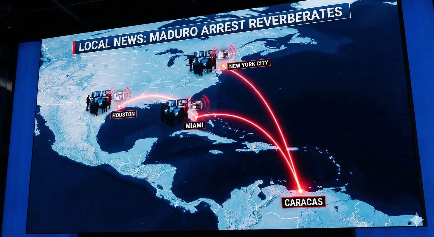 A digital map of the Americas titled "Local News: Maduro Arrest Reverberates." Red glowing lines arc from Caracas, Venezuela, connecting directly to three U.S. cities: Miami, Houston, and New York City. Each U.S. city is marked with an icon of a news team or broadcast desk, symbolizing local coverage of the event. The map illustrates how international events in Venezuela are direct local stories for specific U.S. communities. A digital map of the Americas titled "Local News: Maduro Arrest Reverberates." Red glowing lines arc from Caracas, Venezuela, connecting directly to three U.S. cities: Miami, Houston, and New York City. Each U.S. city is marked with an icon of a news team or broadcast desk, symbolizing local coverage of the event. The map illustrates how international events in Venezuela are direct local stories for specific U.S. communities.