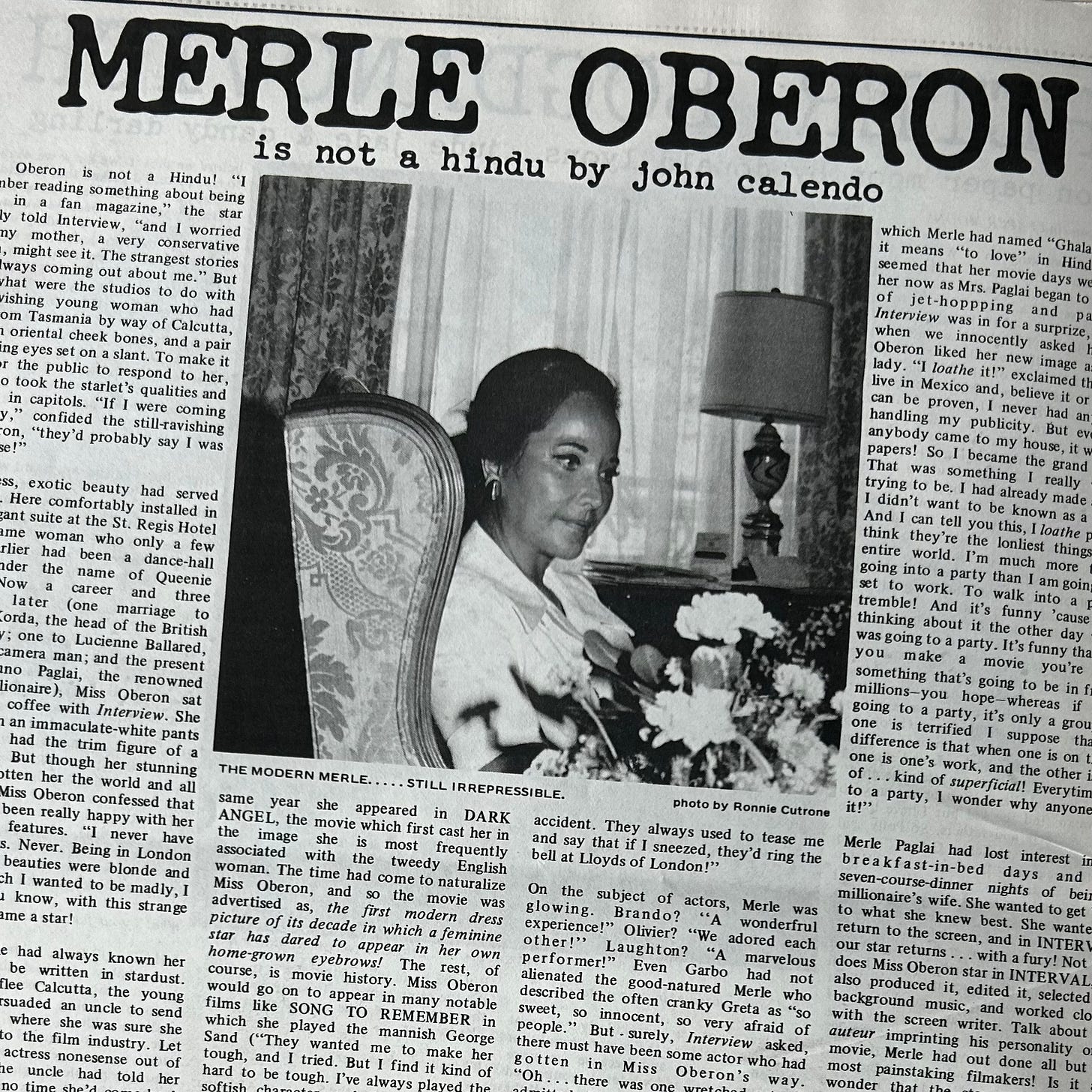 clipping from Interview magazine on Merle Oberon clipping from Interview magazine on Merle Oberon