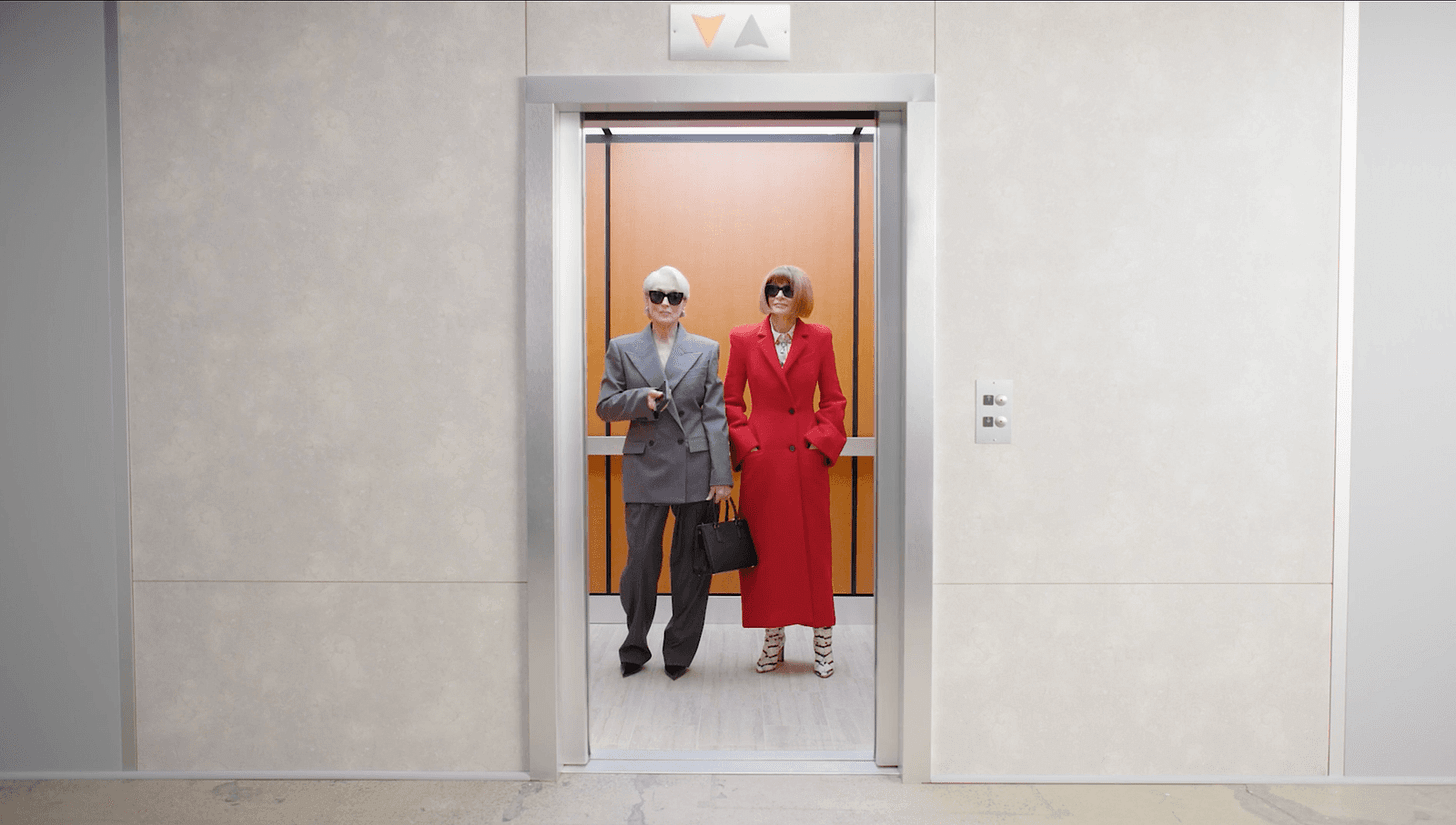 Image may contain Meryl Streep Anna Wintour Clothing Coat Adult Person Indoors and Elevator