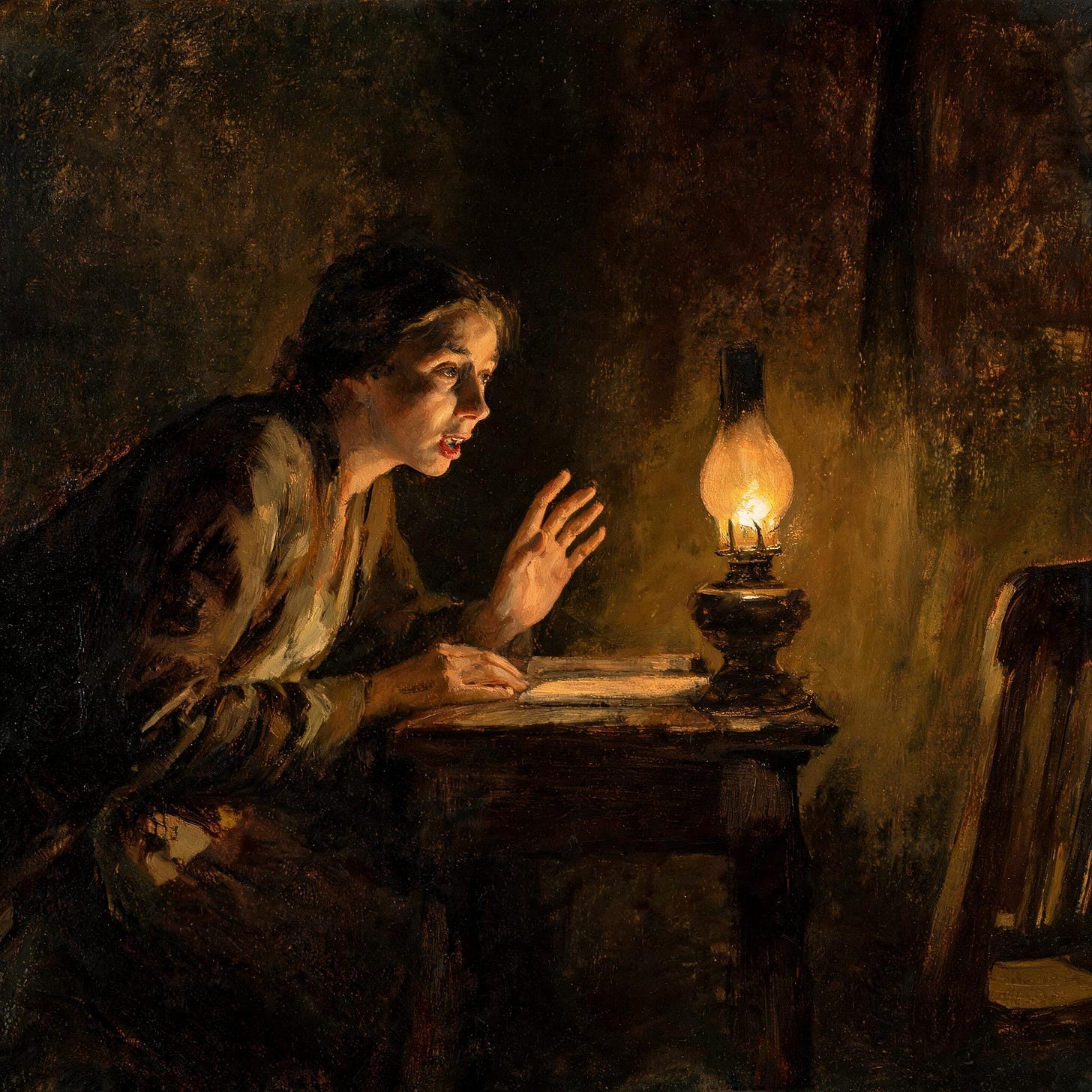 An oil painting in warm amber and deep shadow. A woman leans forward across a sparse wooden desk, one hand raised mid-sentence, her face carrying both urgency and exhaustion. The listener's side of the room recedes into darkness. The light pools only on her — the lone figure holding the silence at bay with words.