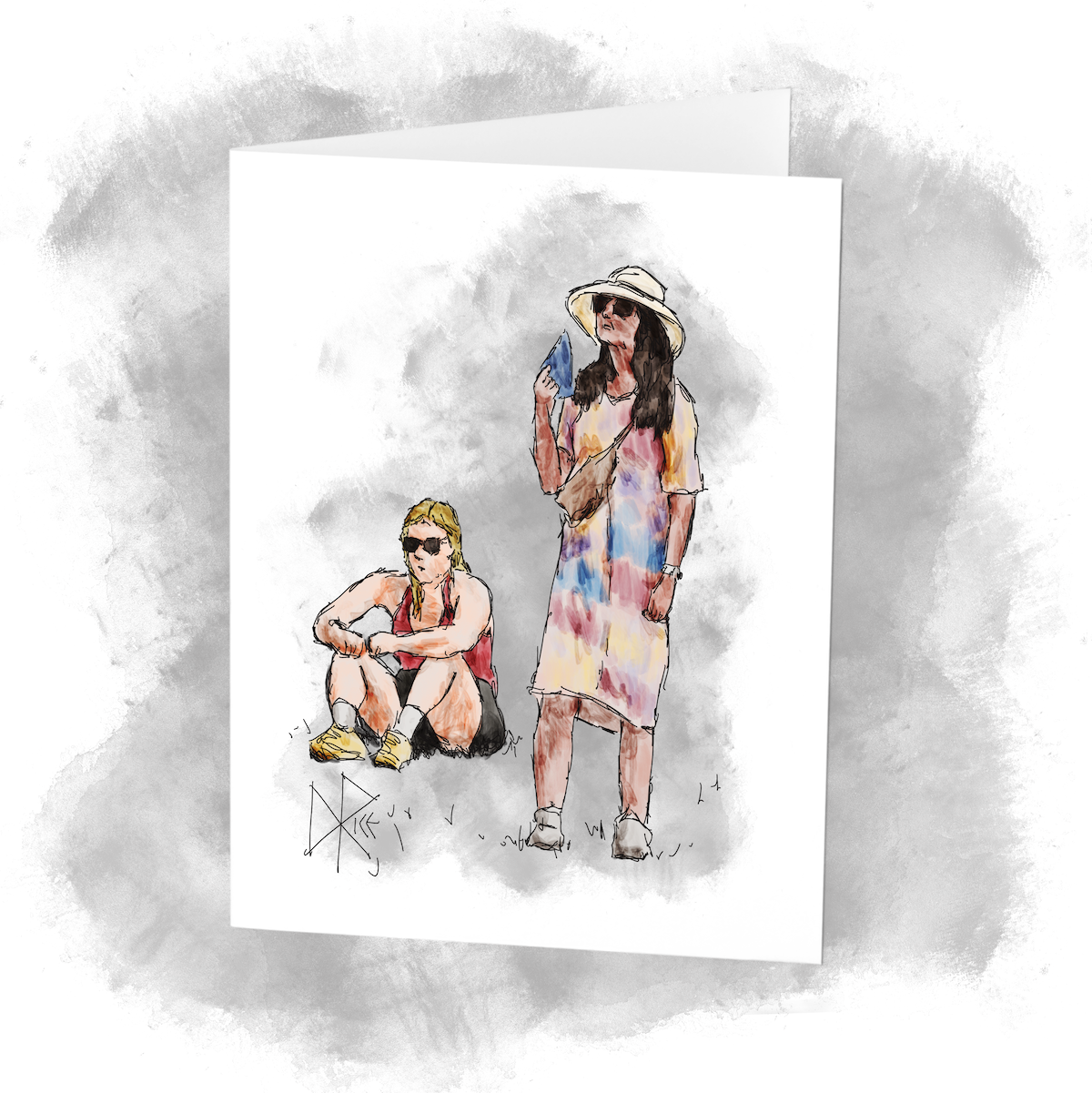 Two women watching a public performance at a park. One is seated on the grass as the other stands and waves a fan in front of her face in an attempt to cool down. Sketch art by Don Rice.
