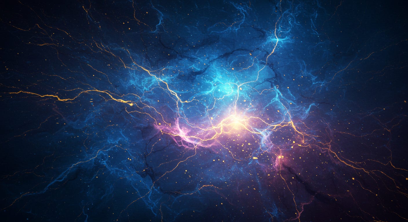 Abstract cosmic nebula in vibrant blues, purples, and golds, representing the interconnected energy of Divine Oneness and universal consciousness.