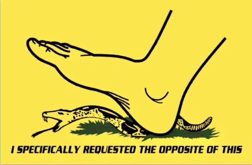 Image of snake being stepped on and saying "I specifically requested the opposite of this"