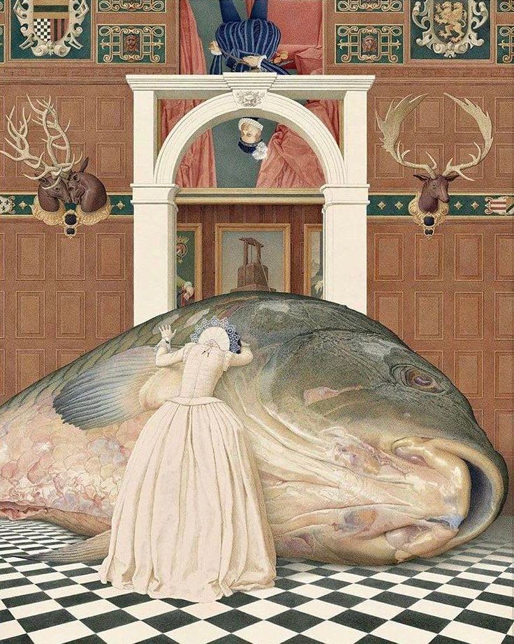 This may contain: an illustration of a woman standing in front of a giant fish with antlers on it