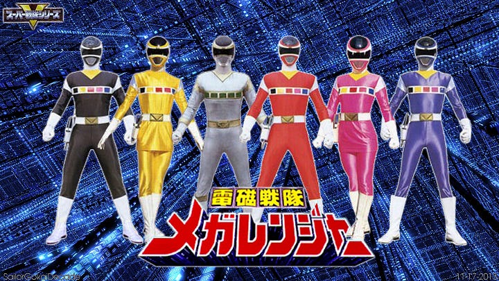 A side by side comparison of one of the Aircraft Warriors and the cast of Super Sentai TV series Denji Sentai Megaranger.