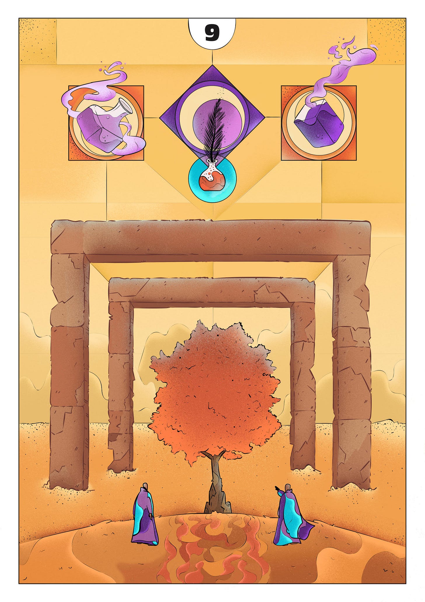 Illustration showing ink bottle, quill pen and suspended above a triple arch, in front of which are two figures, pointing at the open landscape beyond the triple opening.