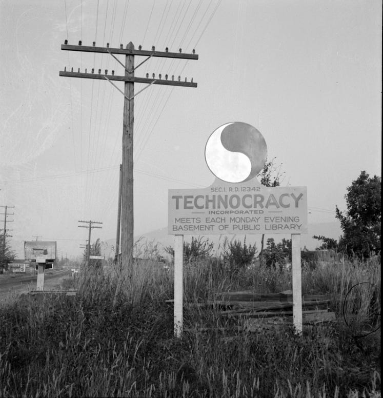 Uma placa da Tecnocracia é vista no Condado de Josephine, Oregon, em agosto de 1939. (Technocracyinc.org) Uma placa da Tecnocracia é vista no Condado de Josephine, Oregon, em agosto de 1939. (Technocracyinc.org)