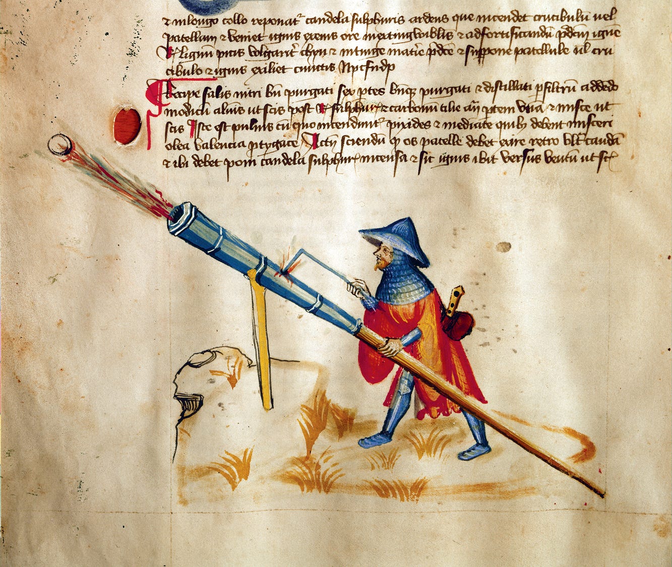 A soldier fires a blunderbuss, illustration from the Bellifortis manuscript, c. 1400. Göttingen State and University Library, Göttingen, Germany. A soldier fires a blunderbuss, illustration from the Bellifortis manuscript, c. 1400. Göttingen State and University Library, Göttingen, Germany.