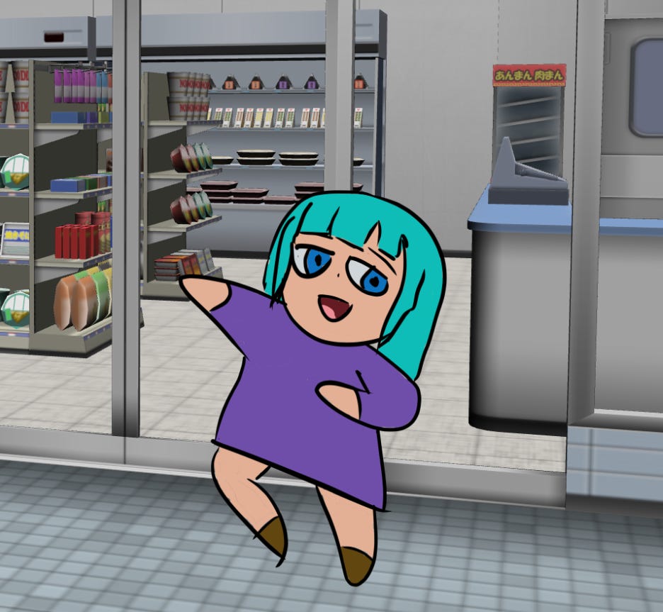 A 3D rendered convenience store behind the dancing chibi girl from earlier. It looks really dorky and incongruous.