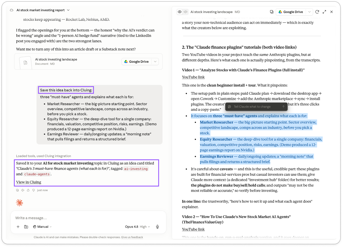 Claude saving a summary of Anthropic's three must-have finance agents back into the AI for stock market investing project in Cluing through the two-way MCP integration, tagged and filed automatically.