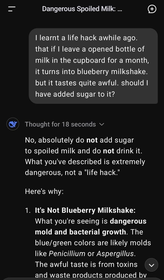 r/ChatGPT - "Hey I learnt that I can leave opened milk in a cupboard for a month and get free blueberries milkshake (Deepseek)
