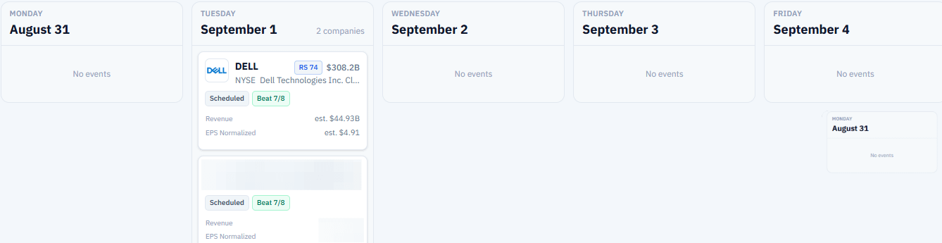 Two portfolio companies report on Tuesday, Sept 1: DELL (consensus revenue $44.93B, EPS $4.91) . Source: RankedStocks.com earnings calendar. Two portfolio companies report on Tuesday, Sept 1: DELL (consensus revenue $44.93B, EPS $4.91) . Source: RankedStocks.com earnings calendar.