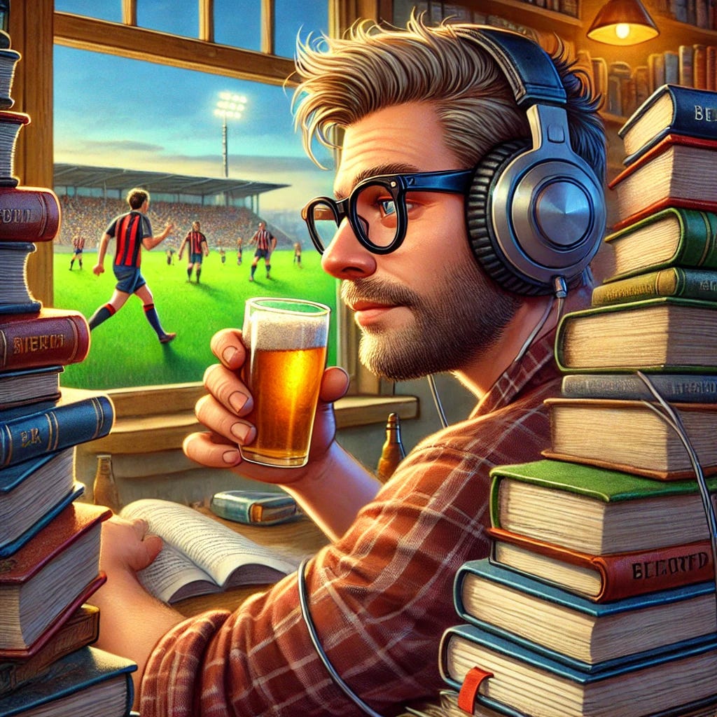 ChatGPT prompt: Draw a picture of a man with glasses disappearing under a pile of books, while listening to music on headphones and drinking a small beer, with football being played in the background