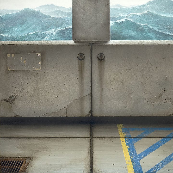LEFT: Detail from SILVER TIDE featuring a water stain on the concrete ceiling. The pattern is river shaped running down seam between panels, thinning in width as it reaches the far wall. The edges are a white residue left when water evaporated, leaving minerals behind, suggesting this is not the first cycle of weathering that has taken place. On the concrete support with rough seas showing on either side, a round clock is mounted with hands articulating to 5:56. The face is black with gold trim, numbers and hands. The glass covering is glossy in reflection of light. RIGHT: Detail from SILVER TIDE featuring the weathered concrete of the foreground. On the lower left is a rusted grate. On the right a yellow line is bordered by a blue striped area, like a parking space marking with a handicap loading zone marked off next to it. There was a notice posted on the wall, but the paper has mostly torn away leaving only a 6-6 in the corner. A seam runs up from the floor up the wall where concrete panels meet. Below the support pillar, a bolt weeping rust is recessed in the upper corner of each panel.