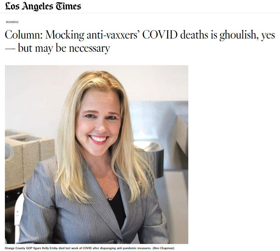 Los Angeles Times: Mocking Anti-Vaxxers' COVID Deaths Los Angeles Times: Mocking Anti-Vaxxers' COVID Deaths