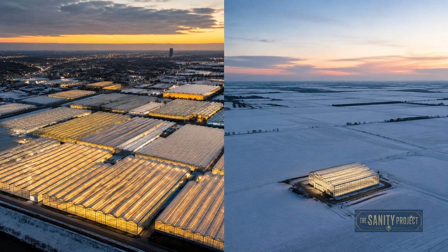 Dense Dutch greenhouse clusters compared with a lone Canadian greenhouse on open snowy land, illustrating the Dutch agriculture and Canadian agriculture geography gap. Dense Dutch greenhouse clusters compared with a lone Canadian greenhouse on open snowy land, illustrating the Dutch agriculture and Canadian agriculture geography gap.
