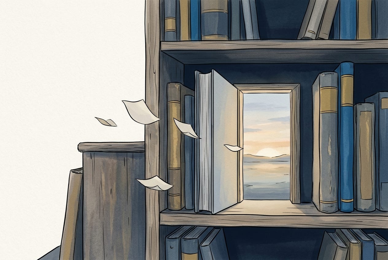 Một giá sách cũ với cuốn sách ở giữa mở thành cánh cửa nhìn ra đường chân trời sáng, gợi việc xem xét lại những điều quen thuộc.