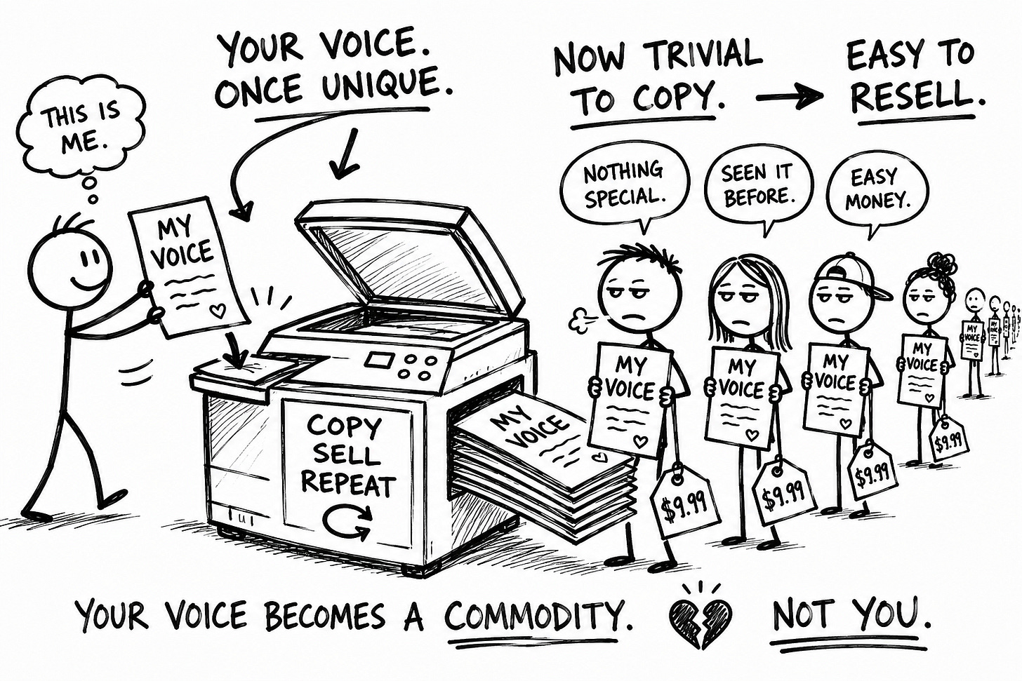 Black-and-white cartoon of a creator feeding “my voice” into a copy machine labeled “copy sell repeat,” producing identical “my voice” pages resold for $9.99 while bored clones react. Illustrates AI voice cloning, creator moat erosion, and how writing voice becomes commodified.