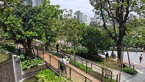 Central Park Mall in Bangkok with an elevated parc between two buildings and it spans 3 floors!