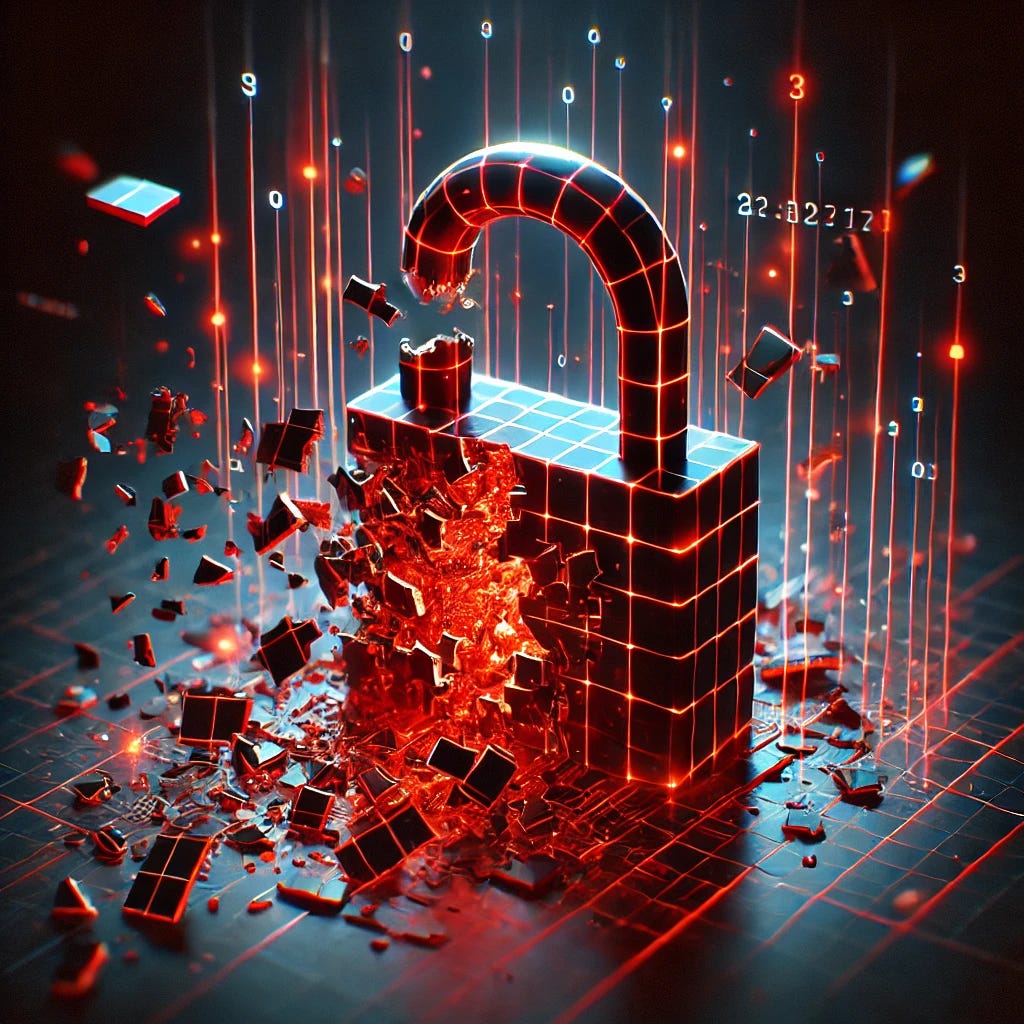 A 3D-rendered image of a virtual lock breaking apart, symbolizing a successful network intrusion. The scene includes shattered lock fragments and digital glitch effects, representing the breach of network defenses. The style is dark and intense, with neon red and orange accents to emphasize the sense of danger and cyber vulnerability.