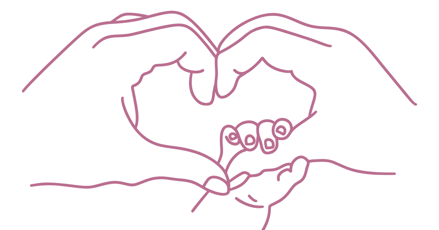 Pink line graphic showing two adult hands, fingers curved to create an open heart shape, with a baby hand gripping the thumb of the right hand. 