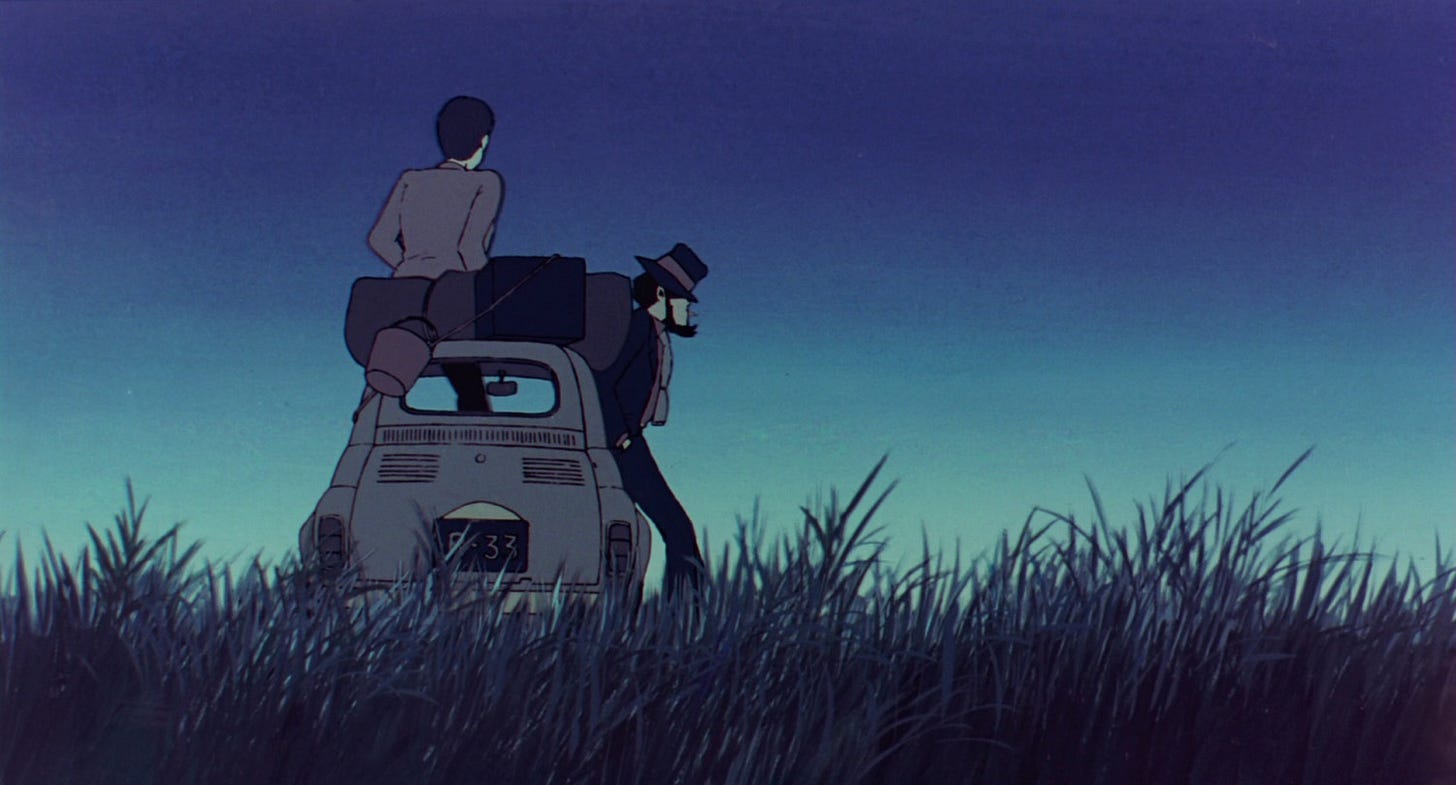 A cartoon of two men walking on a car

Description automatically generated