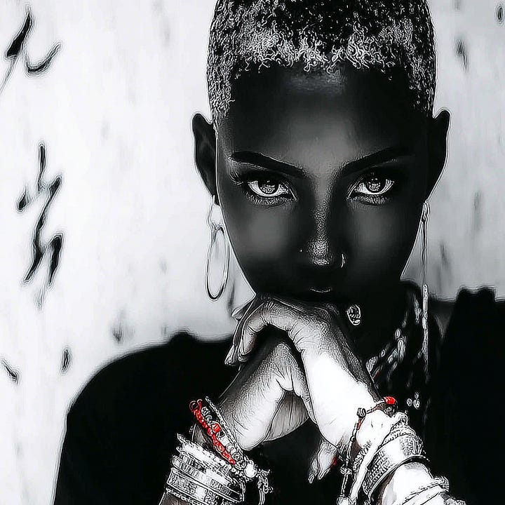 Image 1: A portrait from the Steeled Silent Presence bundle featuring an individual in a structured jacket and statement metallic jewelry against an industrial brick background.  Image 2: An editorial profile shot with a Power Editorial aesthetic, showcasing a leather jacket, bold eye makeup, and intricate circular jewelry in a low-light setting.  Image 3: A high-contrast, black and white artistic rendering from the Steeled Silent Presence collection, emphasizing sharp lighting and layered silver bracelets.  Image 4: An atmospheric portrait featuring ethereal smoke textures and layered necklaces, representing the sophisticated depth of the Steeled Silent Presence bundle.