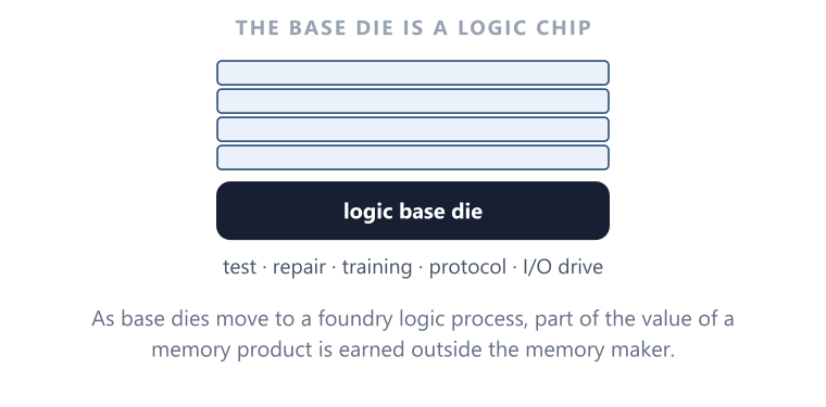 Logic Base Die The base die pulls advanced logic-process technology into the memory subsystem.