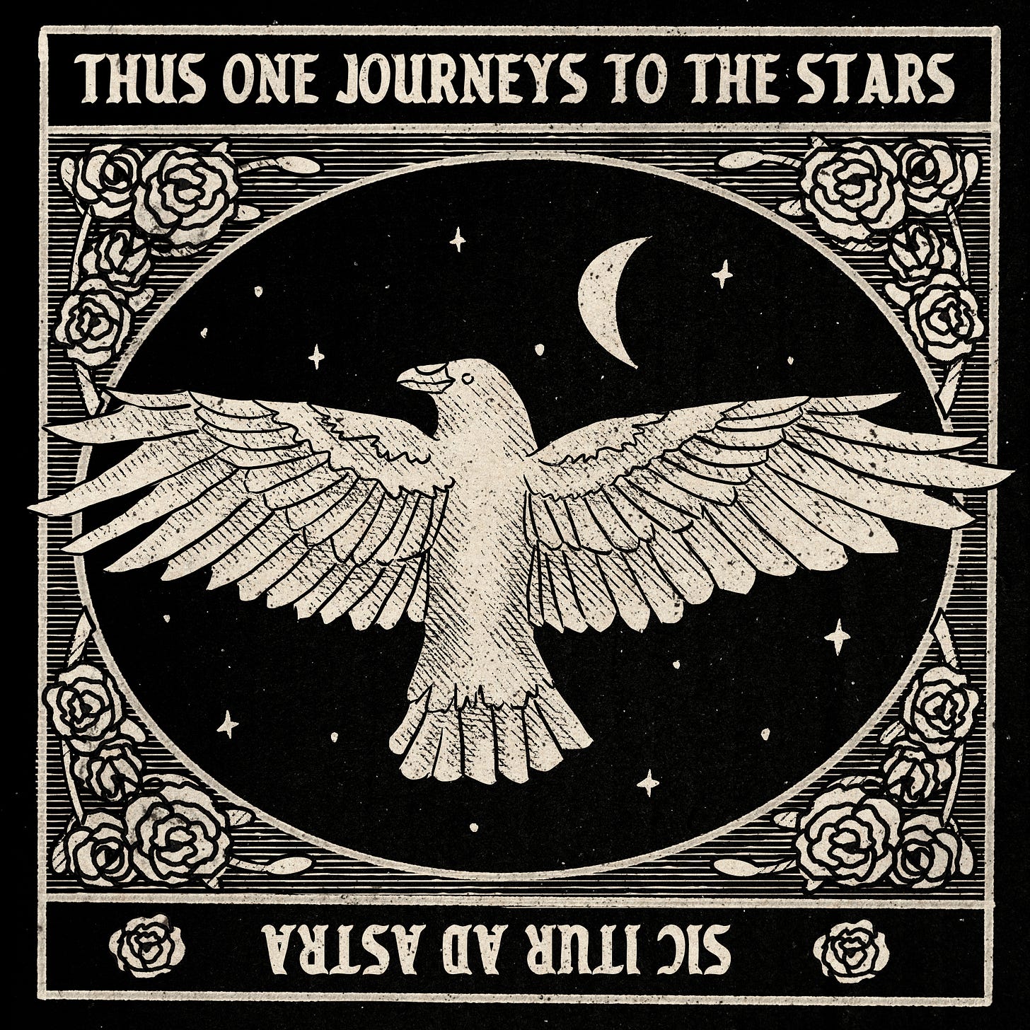 An engraving-style raven with "thus one journeys to the stars" written in English and Latin. An engraving-style raven with "thus one journeys to the stars" written in English and Latin.