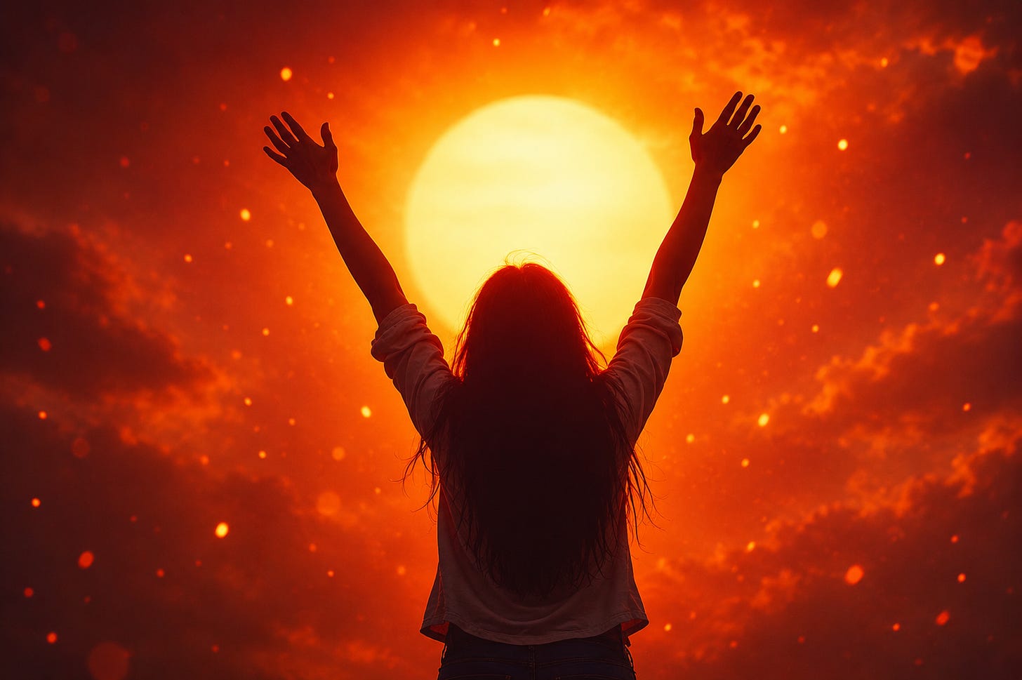 A woman raising her arms to the setting sun. A woman raising her arms to the setting sun.