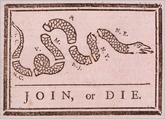 Join, or Die by Benjamin Franklin (from the U.S. Library of Congress; no known restrictions on publication)