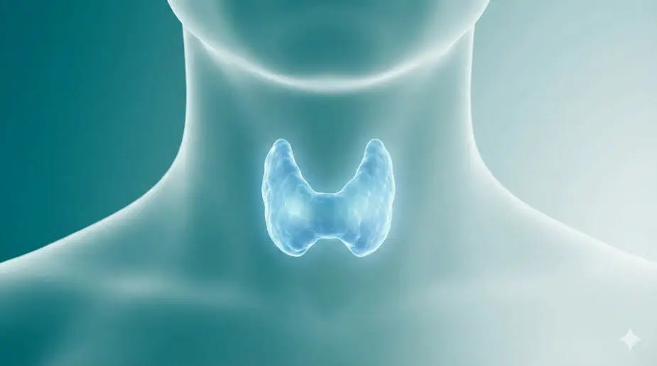 A glowing blue butterfly-shaped thyroid gland superimposed on a human neck to represent endocrine health and awareness.