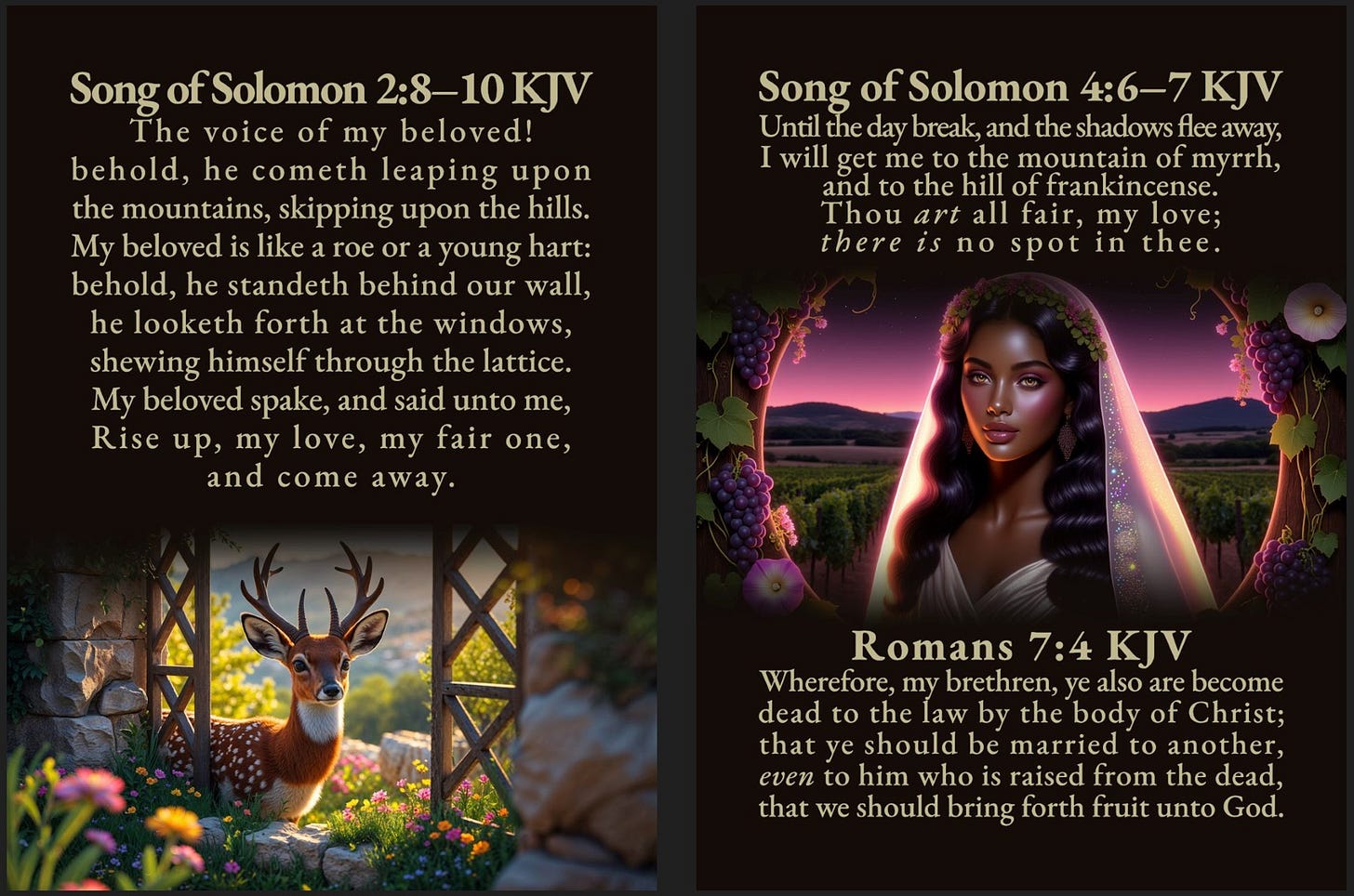 A two-panel card design with biblical verses. The left panel features Song of Solomon 2:8–10 KJV above an image of a young stag at a garden gate. The right panel displays the verses Song of Solomon 4:6–7 KJV and Romans 7:4 KJV, accompanied by a portrait of a beautiful bride in a veil, set against a vineyard at sunset.