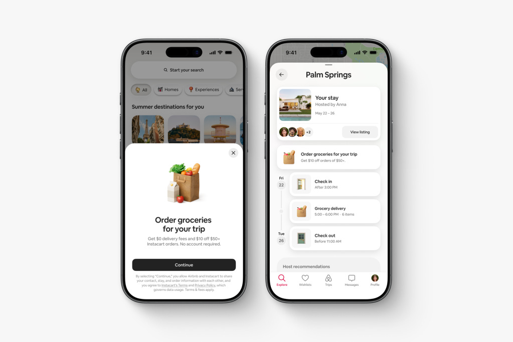 Airbnb app Order groceries for your trip screen. Get $0 delivery fees and $10 off $50+ Instacart orders. No account required. Shows delivery window from 5:00-6:00 PM between check in and check out Airbnb app Order groceries for your trip screen. Get $0 delivery fees and $10 off $50+ Instacart orders. No account required. Shows delivery window from 5:00-6:00 PM between check in and check out