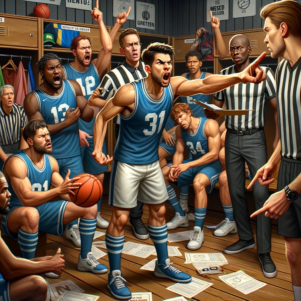 Level 1 - The Blame Game: An image of a diverse team of athletes in a locker room post-game, visibly frustrated. One player is animatedly reenacting a missed call, pointing at an invisible referee, while teammates around them show a mix of anger and disappointment. In the background, a coach looks on, concerned but silent, holding a clipboard that subtly suggests missed opportunities throughout the game. The mood is one of fixation on a single moment of failure, with an aura of blame and missed accountability hanging in the air.