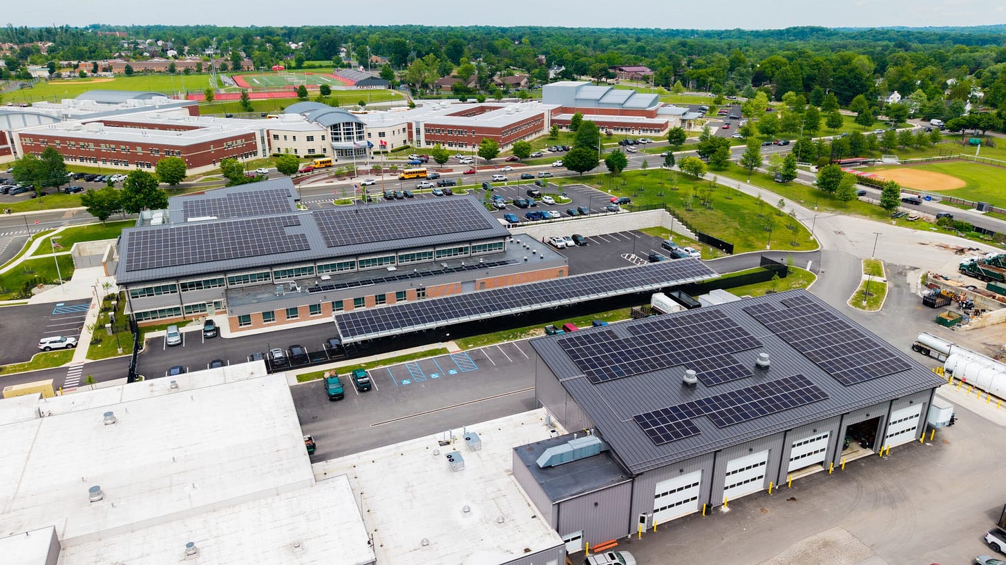 Aerial photo of Upper Dublin Township's commercial solar carport installed by Exact Solar
