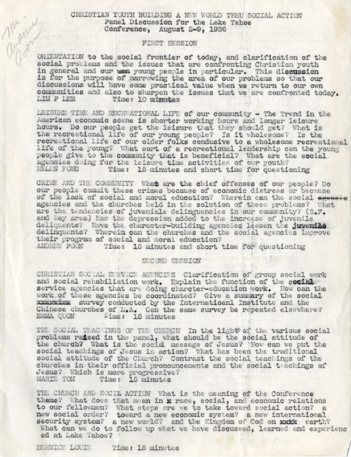 Figure 1: Panel Discussion for the Lake Tahoe Conference, 1936. Box 1:17, Edwar Lee papers, 1871-1971 (bulk 1938-1971), AAS ARC 2000/19, Ethnic Studies Library, University of California, Berkeley Figure 1: Panel Discussion for the Lake Tahoe Conference, 1936. Box 1:17, Edwar Lee papers, 1871-1971 (bulk 1938-1971), AAS ARC 2000/19, Ethnic Studies Library, University of California, Berkeley