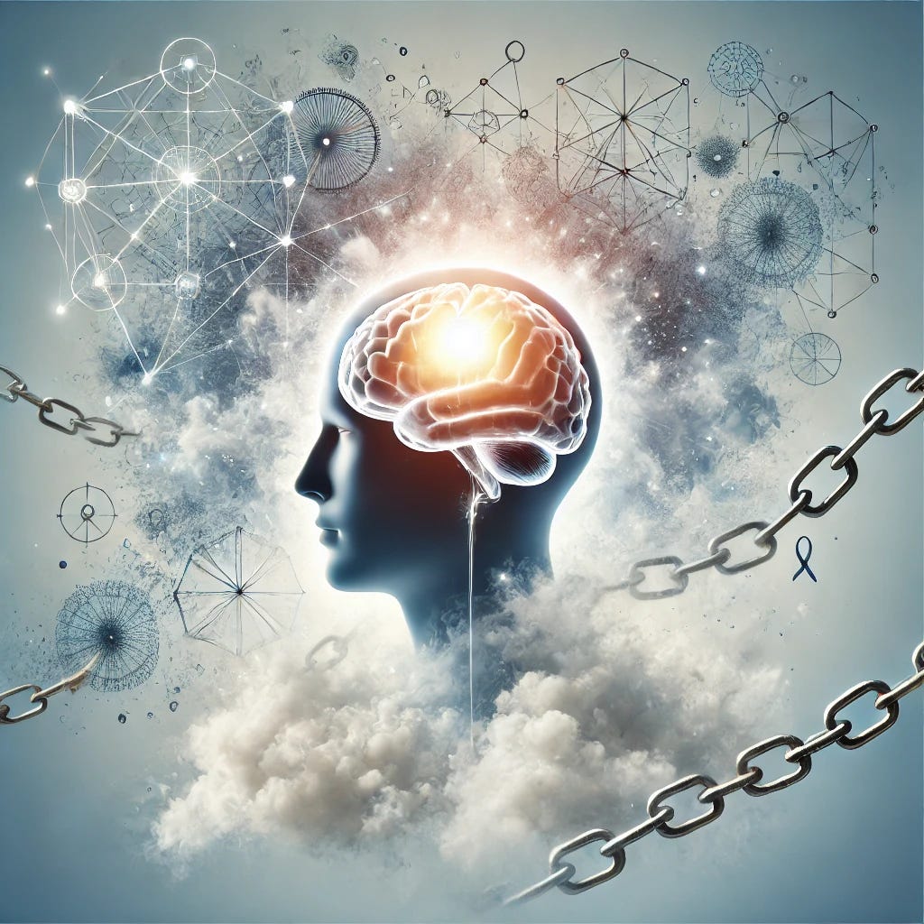 A conceptual illustration of a human head with a glowing brain surrounded by abstract thought patterns and constraints. The brain emits light, symbolizing clarity, and the surrounding constraints are depicted as foggy chains dissolving into air. The background is a gradient of soft blue and white, evoking calmness and introspection. This image visually represents breaking free from assumed constraints and finding clarity in problem-solving.