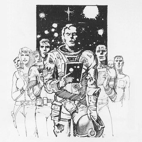 LEFT: Pen and ink sketch for TIME AND AGAIN featuring a man in spacesuit standing at the forefront of a group of people. He holds a book with a space theme on the dark back cover. In his other hand, he holds the bowl shaped space helm. Flanking him on either side are humanoid figures with numbers on their foreheads. Farther left is a trio of more traditional looking men and women. Behind them is a square field of stars, contrasting with details in white on dark. CENTER: Detail from TIME AND AGAIN featuring a man in tattered spacesuit whose eyes are glowing blue with starbursts. A window behind is shattered showing through with a starfield colored with the cloud of a blue nebula. RIGHT: Preliminary concept for TIME AND AGAIN featuring a headshot of a man with headset microphone near his mouth. The left half of his face is flesh tone while the rest is tinted light blue sparkling with starbursts that extend out over a planet next to him. A spaceship flies overhead the top edge. Antique pocket watches, gold trimmed with black faces, hover in the air. In the lower right, a pair of human figures (one male, one female) are fleeing from a robotic figure. On the male’s forehead a number is inscribed in white.