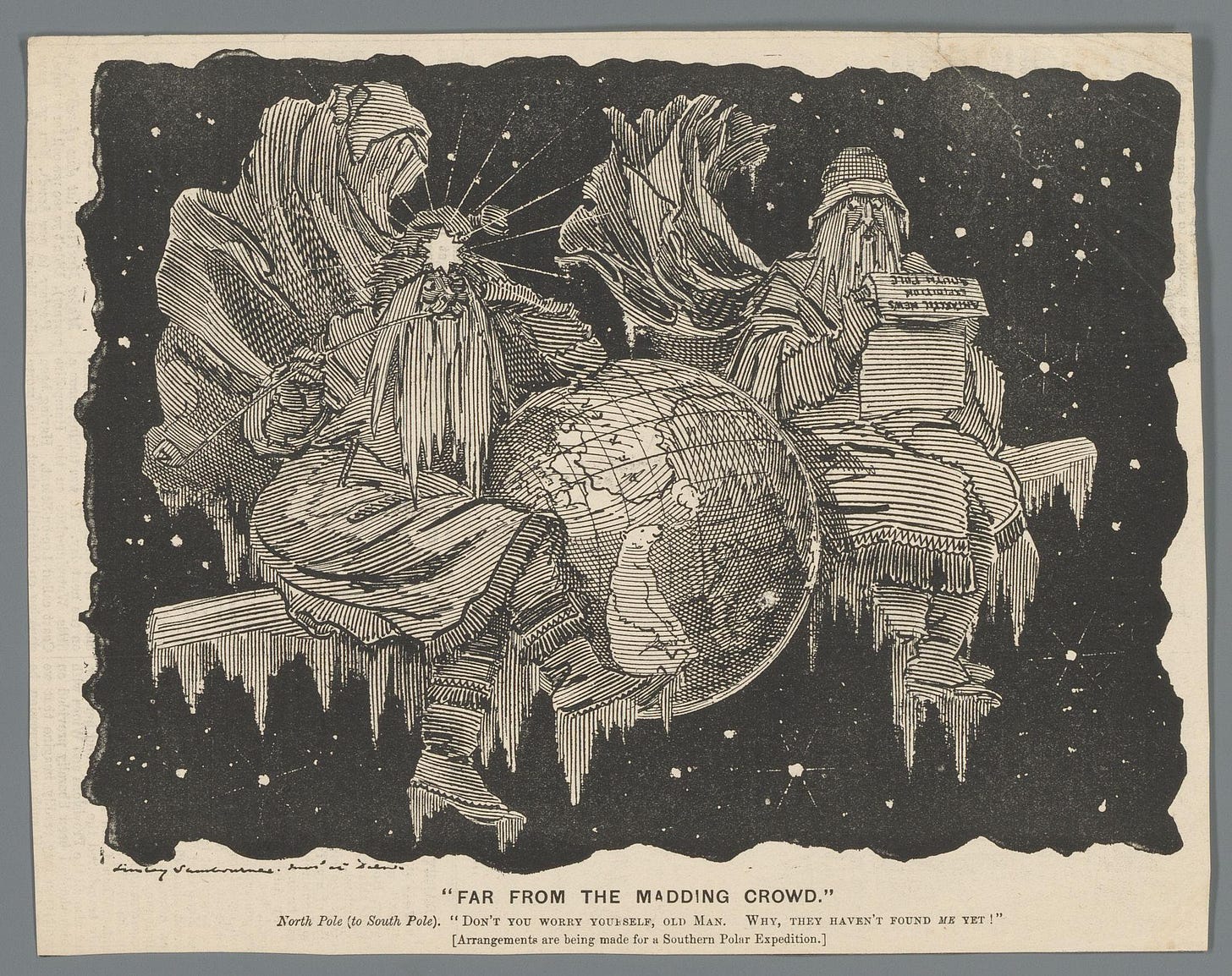 The North Pole speaks to the South Pole about the planned expedition to the South Pole, from Punch, c. 1900. Rijksmuseum. The North Pole speaks to the South Pole about the planned expedition to the South Pole, from Punch, c. 1900. Rijksmuseum.