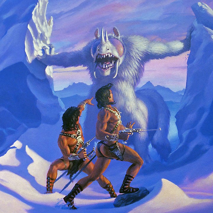 LEFT: Figure detail from LLANA OF GATHOL featuring two scantily clad Barsoomian men caught by surprise by a large wooly beast. The first figure is standing more upright with knee bent. The long barrel of his laser pistol points to the right. A rapier hangs from his right hip. A silver harness crosses his chest in an X. The second warrior spread his legs in a wide stance as he turns his upper torso, pointing at the creature behind. He wears the same harness and loin cloth despite the snowy polar environment. RIGHT: Background detail from LLANA OF GATHOL featuring a Barsoomian air ship flying above the polar landscape. The ship resembles a dirigible with sleek pointy tips on the fore and aft. Soft shadows of pink and purple play across the snow in the foreground.