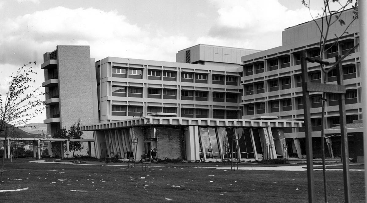 hospital with partially detached stairways at USGS hospital with partially detached stairways at USGS