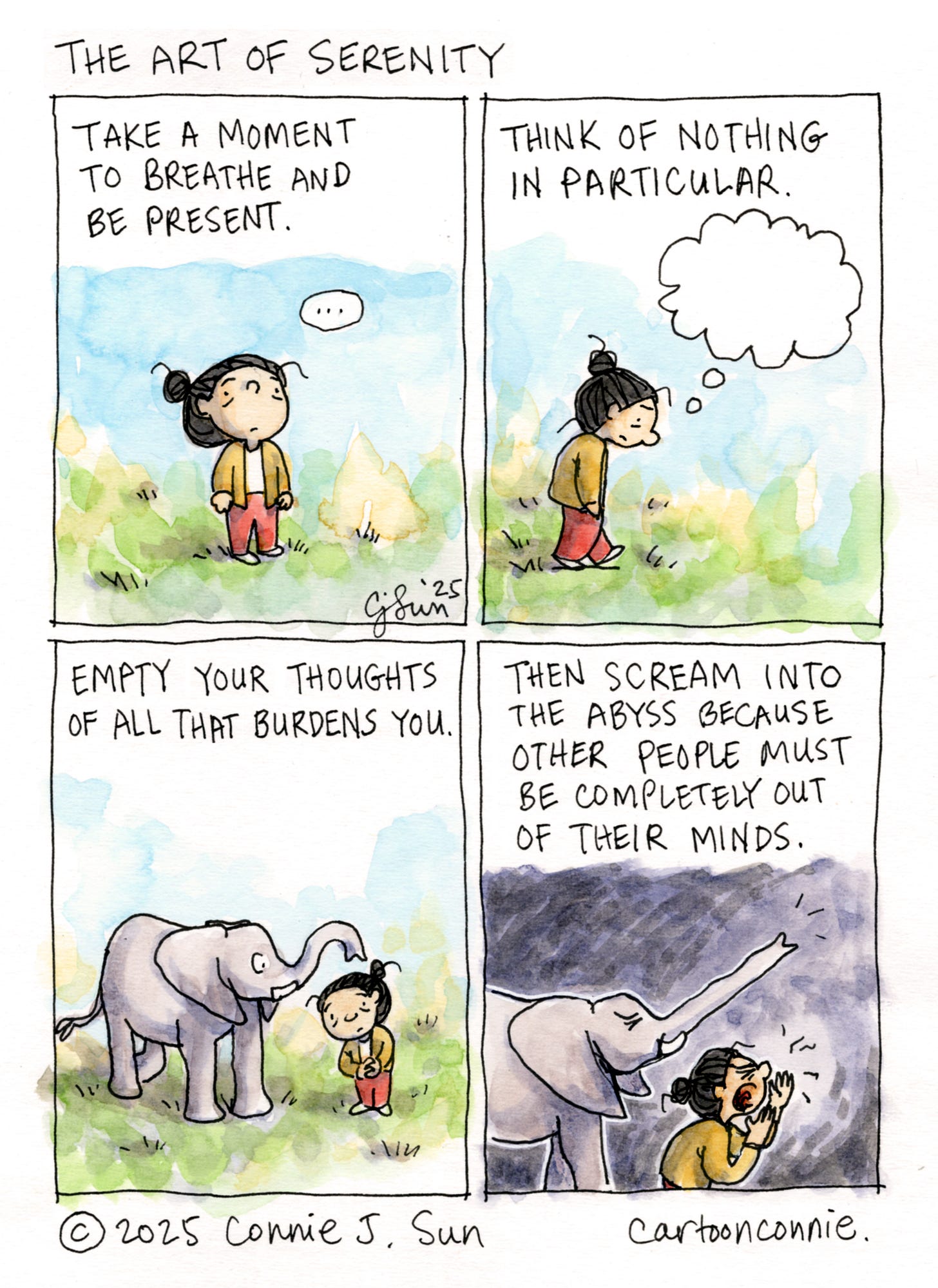 Art description: 4-panel watercolor comic strip about practicing serenity and mindfulness in the face of all the people in the world who drive us crazy. The illustrations feature a cartoon girl with a bun with an elephant, figuring out how to cope with life. "The Art of Serenity," ink and watercolor on paper, by Connie Sun, cartoonconnie, 2025