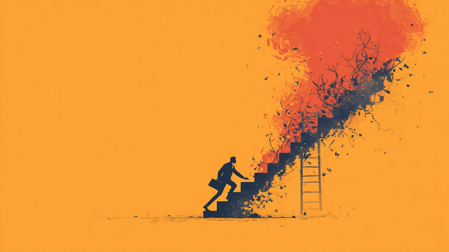 A person with a briefcase climbing stairs that are on fire.