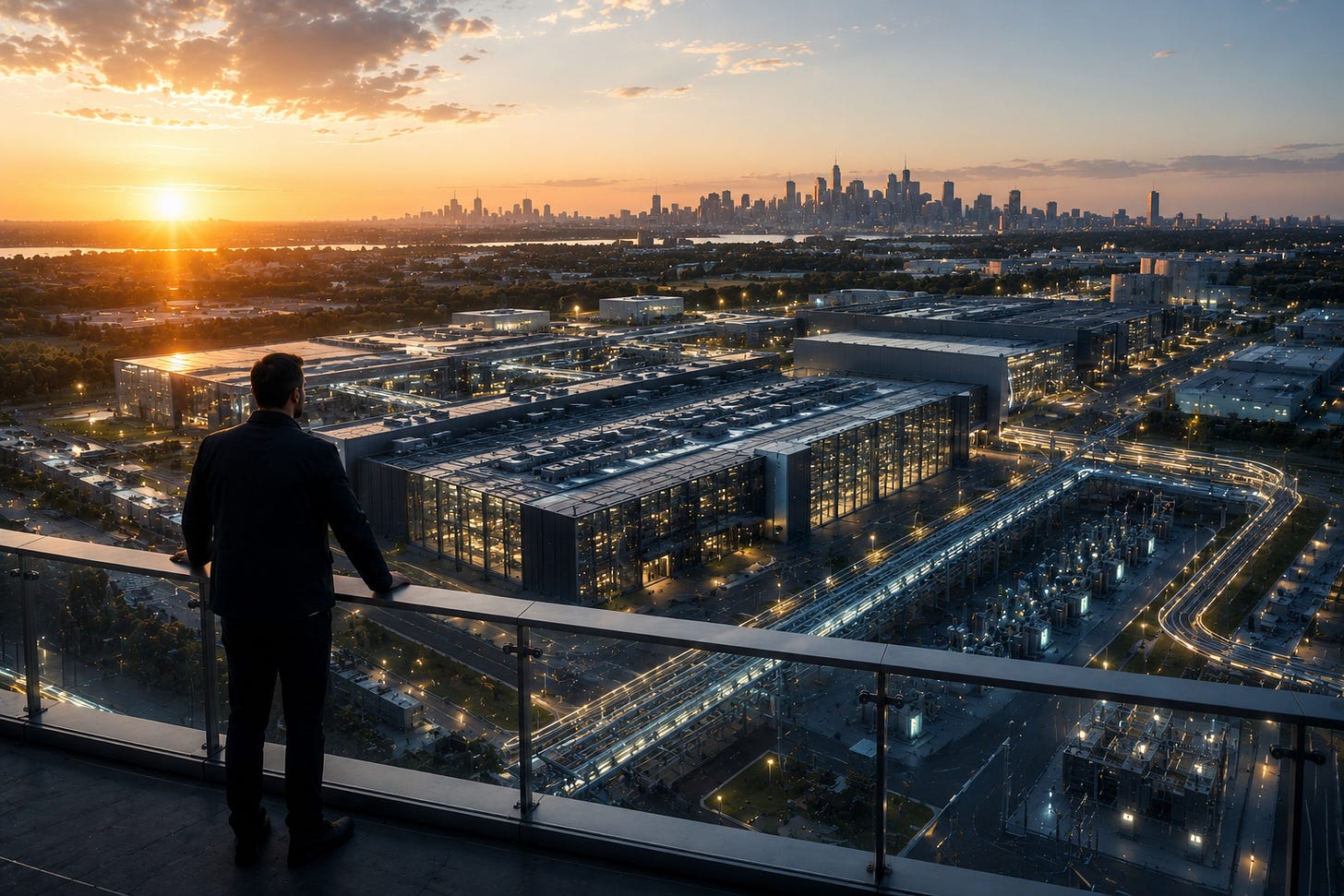 A business leader overlooks a sprawling AI infrastructure campus at sunrise, featuring modern data centers, energy systems, and high-speed digital networks connected to a distant city skyline, symbolizing the growing importance of control, governance, and physical infrastructure in the future of artificial intelligence. A business leader overlooks a sprawling AI infrastructure campus at sunrise, featuring modern data centers, energy systems, and high-speed digital networks connected to a distant city skyline, symbolizing the growing importance of control, governance, and physical infrastructure in the future of artificial intelligence.