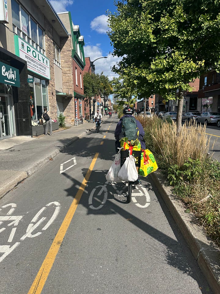 Top right: Photo of the basket of a bicycle inside a grocery store. The basket is filled with some groceries, like cillantro and drinks. Top right: Photo of a bicycle on a two way cycle way in Montreal. It's a sunny day and the bike has 3 shopping bags attached to it. Bottom left, photograph of a basket on a bicycle locked onto a rack. Sunny day. Inside the basket is groceries and a big box of cereal. Bottom right: photograph of a totebag with books inside it.