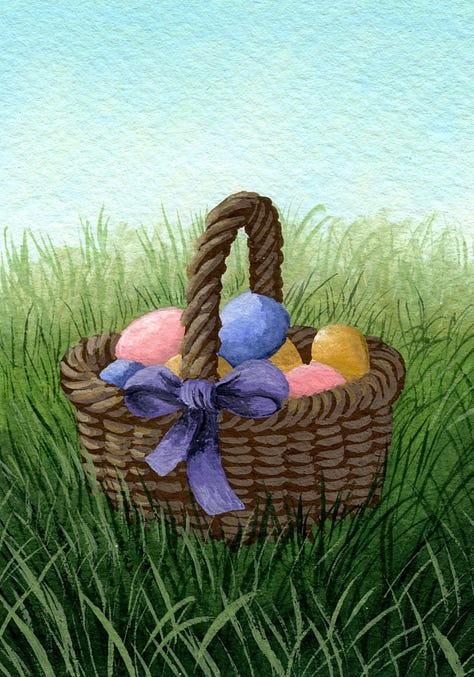 Painting 1: 3 Runner Ducks in a garden, Painting 2: Magnolia Tree in bloom, Painting 3: Easter basket with dyed eggs