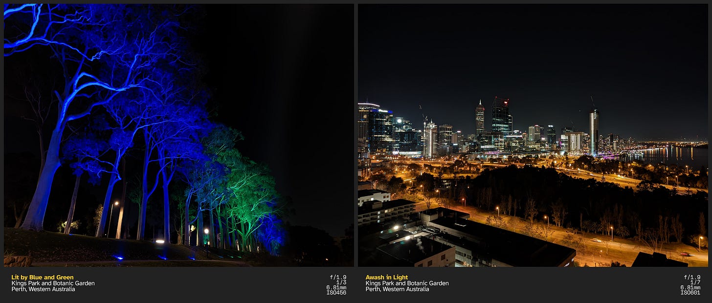 Left: A row of trees lit up by blue and green lights contrast the pitch black sky and surroundings; Right: The lit-up Perth skyline with the warm, orange lighting of the roads and highways shine against the dark sky
